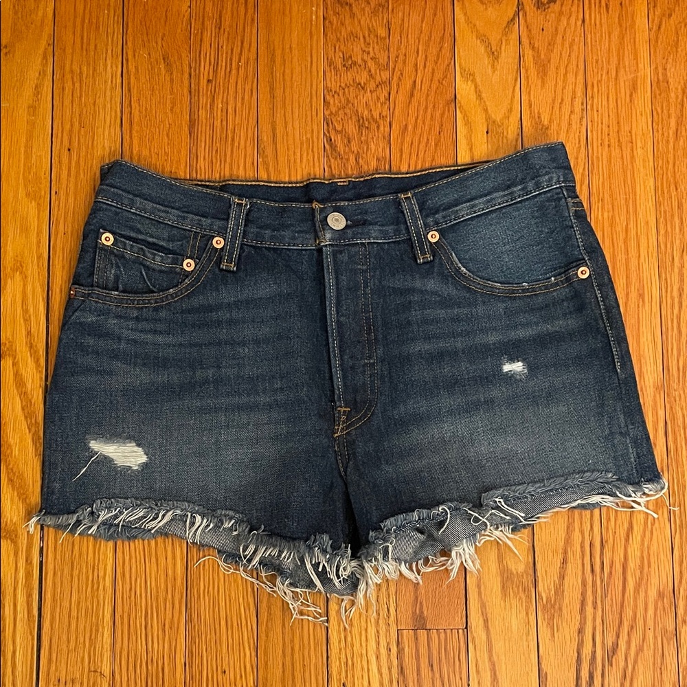 Levi's 501 Dark Blue Frayed Jean Shorts